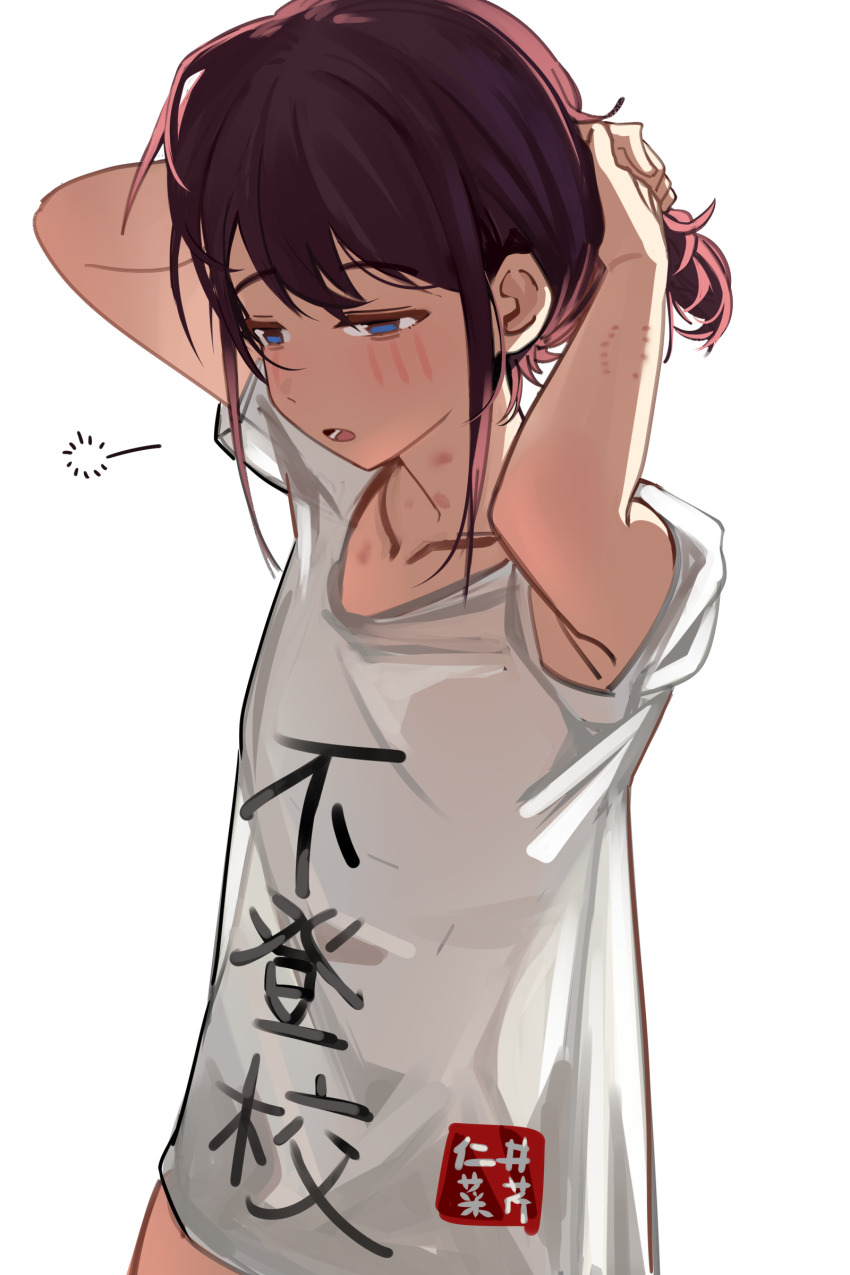 1girl, absurdres, bite_mark, bite_mark_on_arm, blue_eyes, blush, brown_hair, clothes_writing