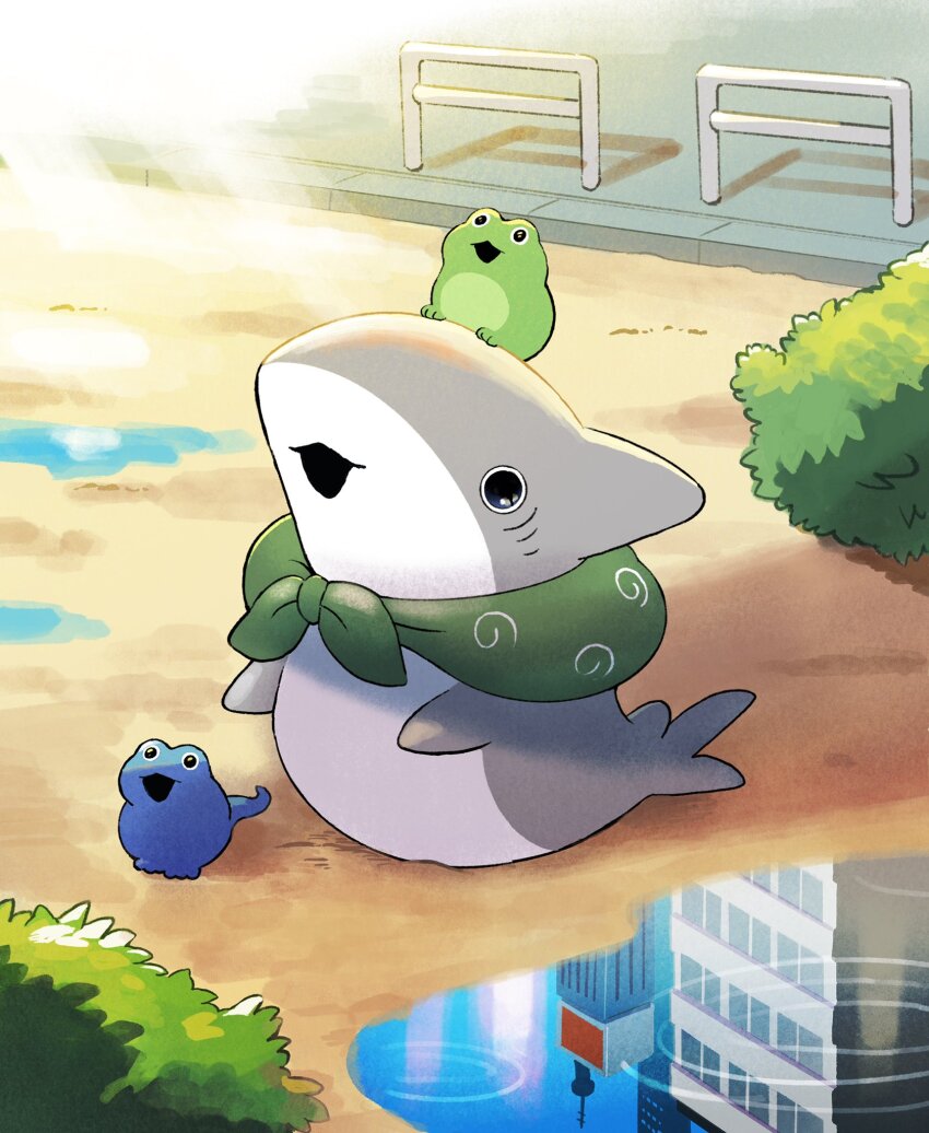 city, frog, highres, lizard, odekake_kozame, outdoors, penguinbox, rain