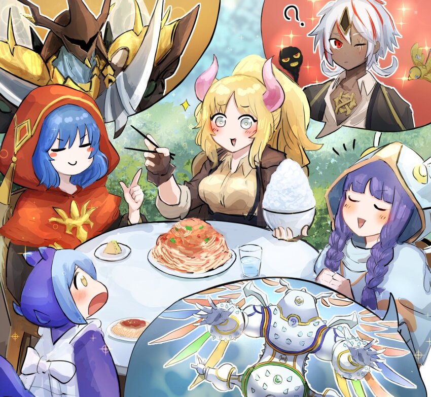 4girls, albaz_(yu-gi-oh!), blonde_hair, blue_hair, bowl, braid, breasts, cheese