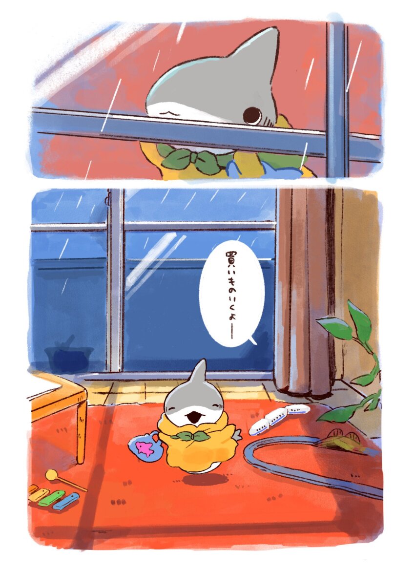 highres, instrument, odekake_kozame, penguinbox, rain, raincoat, shark, toy_train