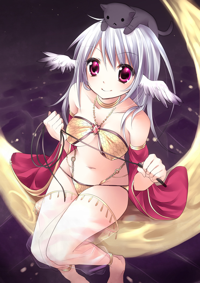 1girl, animal, animal_on_head, anklet, bad_id, bad_pixiv_id, bandeau, barefoot, cat, cat_on_head, choker, crescent_moon, detached_sleeves, feet, female_focus, gypsy_(ragnarok_online), halterneck, head_wings, jewelry, loli_ruri, moon, navel, on_head, purple_eyes, ragnarok_online, see-through_clothes, silver_hair, solo, sorai_shin'ya, transparent, whip, wings