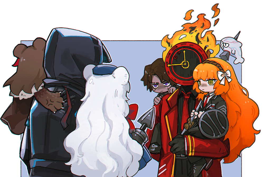 1boy, 2others, 3girls, animal_ears, arknights, bear_ears, bear_paws, black_coat