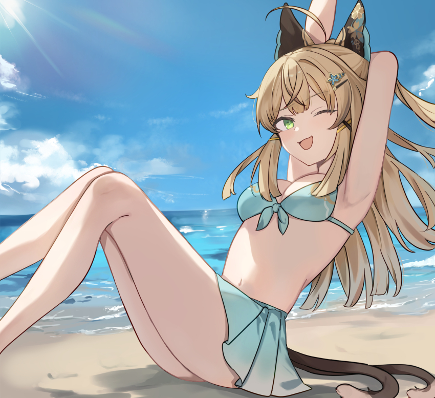 1girl, ;d, aqua_bikini, aqua_skirt, beach, bikini, blonde_hair, blue_sky