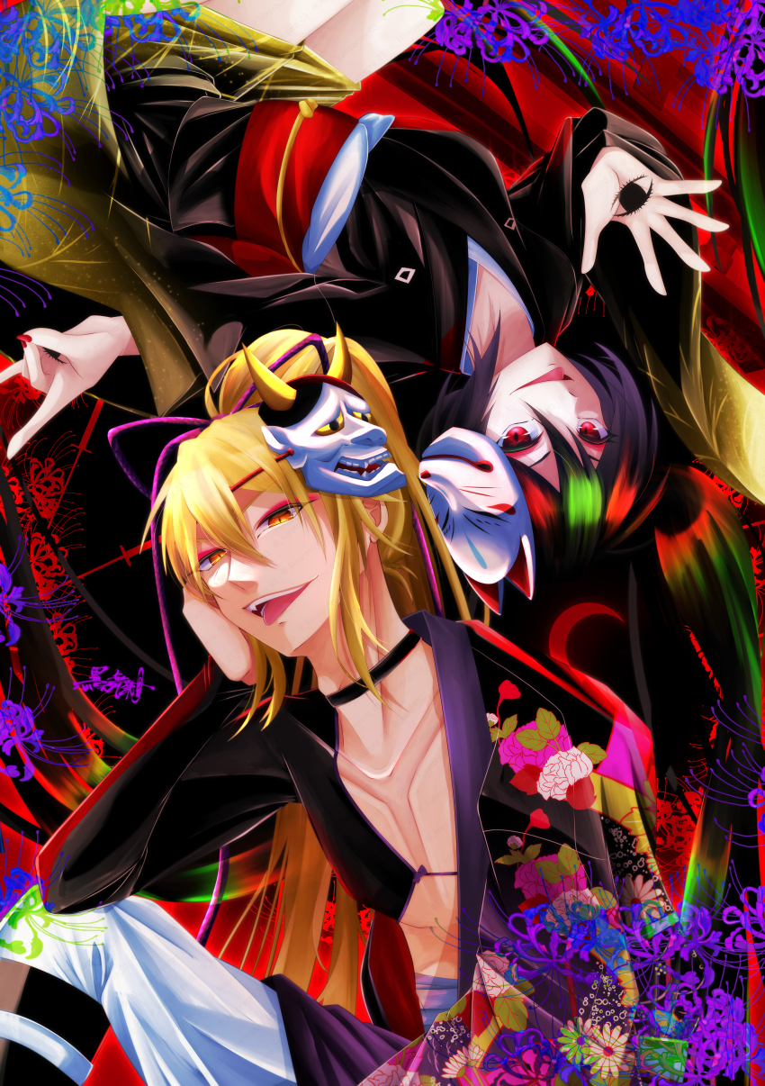 1boy, 1girl, absurdres, black_choker, black_hair, blonde_hair, check_clothing, choker, clothing_request, commentary_request, double-parted_bangs, eyeshadow, floral_print, flower, fox_mask, fox_shadow_puppet, green_hair, hair_between_eyes, hand_eye, hand_on_own_cheek, hand_on_own_face, hatsune_miku, highres, japanese_clothes, kagamine_len, kagamine_len_(ayasaki), kimono, knife_(vocaloid), kuromaicho_(user_hazh8732), long_hair, long_sleeves, looking_at_viewer, makeup, mask, mask_on_head, multicolored_hair, musunde_hiraite_rasetsu_to_mukuro_(vocaloid), obi, official_alternate_costume, official_alternate_eye_color, official_alternate_hair_color, oni_mask, pants, ponytail, project_diva_(series), red_eyes, red_eyeshadow, red_flower, red_hair, red_nails, sash, songover, spider_lily, tongue, tongue_out, twintails, upside-down, very_long_hair, vocaloid, white_pants, wide_sleeves, yellow_eyes, yukata
