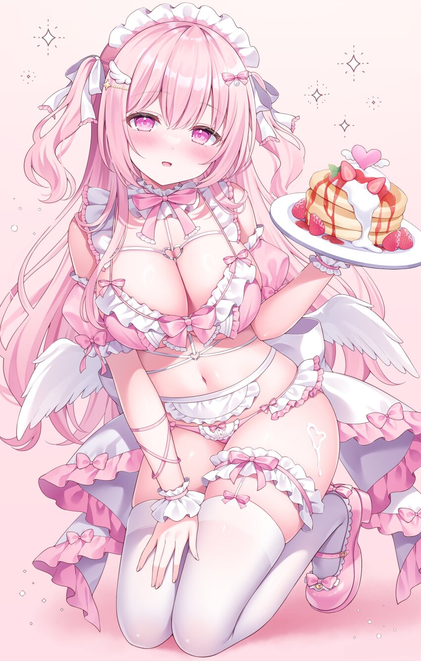 1girl, absurdres, angel_wings, apron, arm_ribbon, blush, bow, bowtie