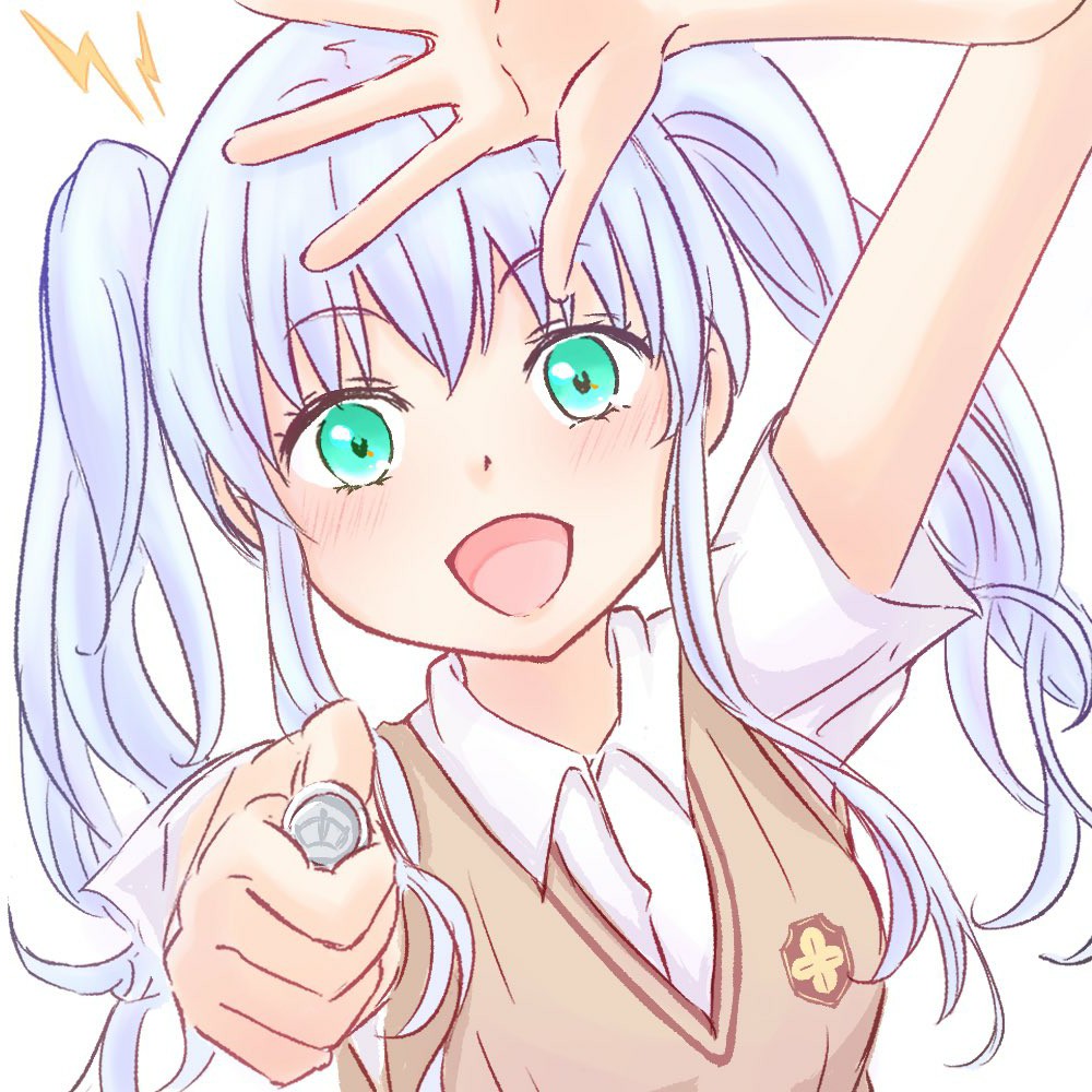 1girl, aiming, aiming_at_viewer, alternate_hairstyle, breasts, brown_sweater_vest, brown_vest, coin