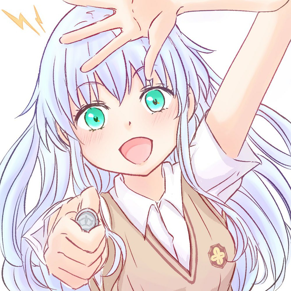 1girl, aiming, aiming_at_viewer, breasts, brown_sweater_vest, brown_vest, coin, collared_shirt