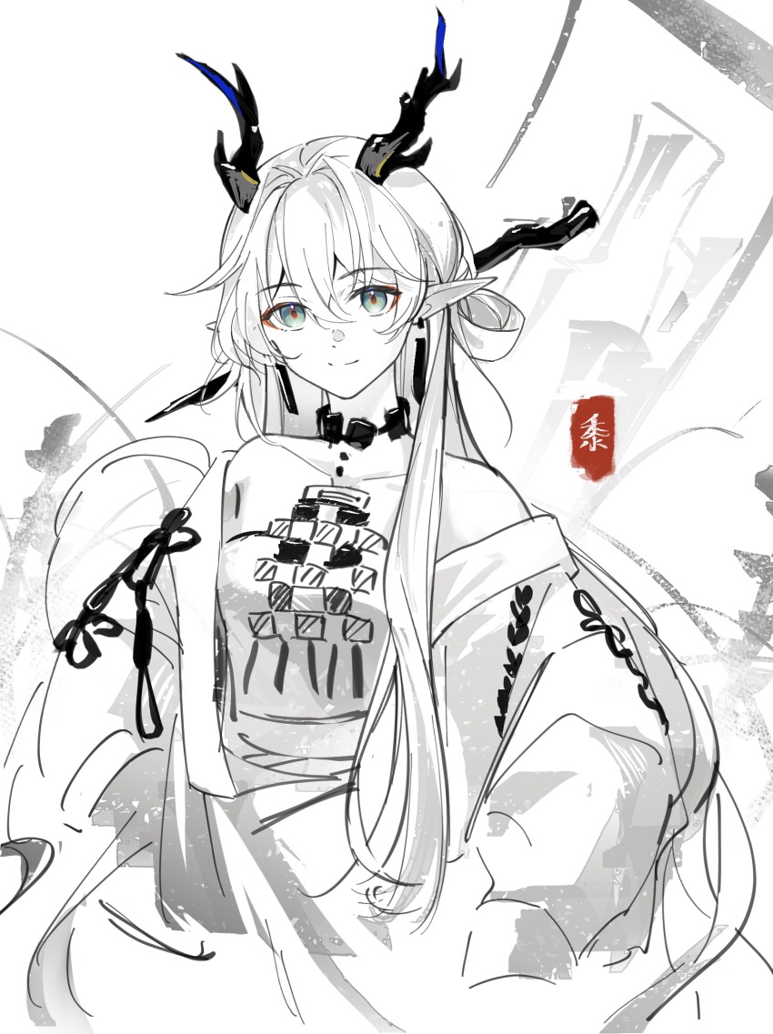 1girl, arknights, bare_shoulders, character_name, chinese_commentary, closed_mouth, commentary_request, dao_jisland