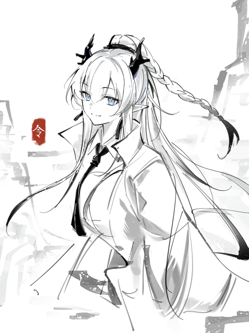 1girl, arknights, blue_eyes, braid, character_name, chinese_commentary, closed_mouth, coat