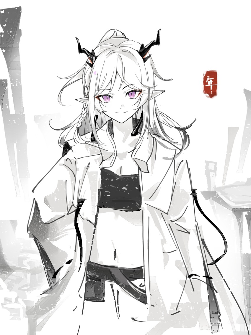 1girl, arknights, bandeau, braid, character_name, chinese_commentary, closed_mouth, coat