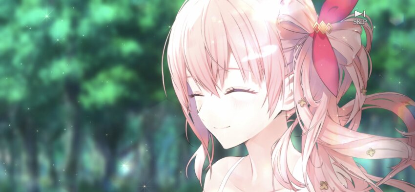 1girl, bare_shoulders, blurry, blurry_background, blush, closed_eyes, closed_mouth, eyebrows