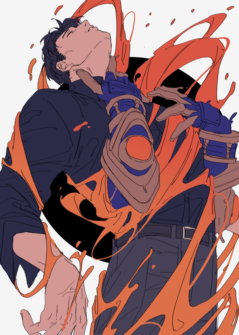 alien, armor, armored_gloves, bbbb_fex, black_hair, choke_hold, collared_shirt, evol_driver