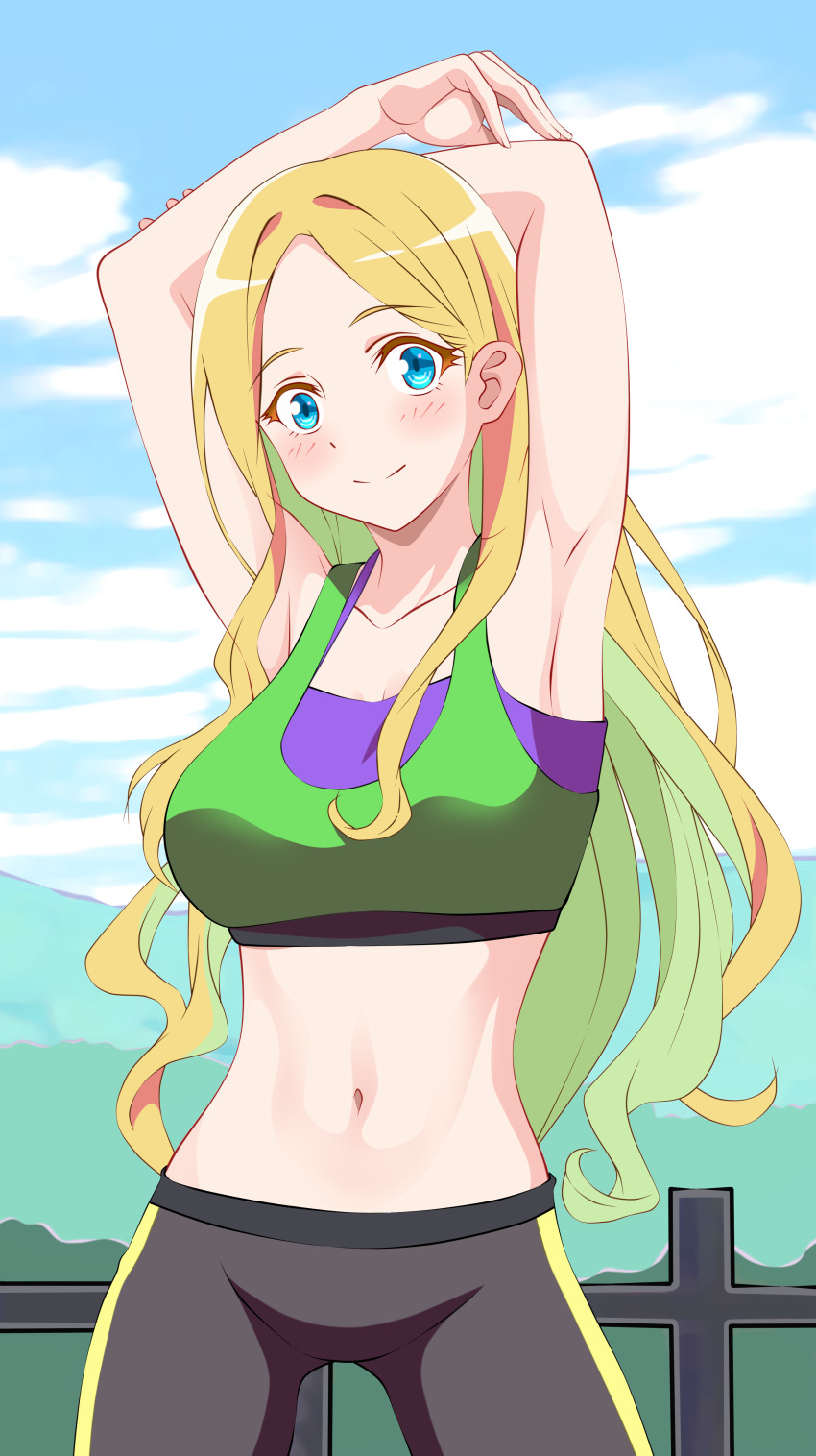 1girl, absurdres, anna_aveiro, aqua_eyes, armpits, arms_up, black_pants, blonde_hair, blue_sky, breasts, closed_mouth, cloud, colored_inner_hair, commentary_request, day, green_hair, green_sports_bra, highres, kiniro_tofu, large_breasts, leggings, long_hair, looking_at_viewer, mountain, multicolored_hair, na_nare_hana_nare, navel, outdoors, pants, sky, smile, solo, sports_bra, stomach, stretching, two-tone_hair