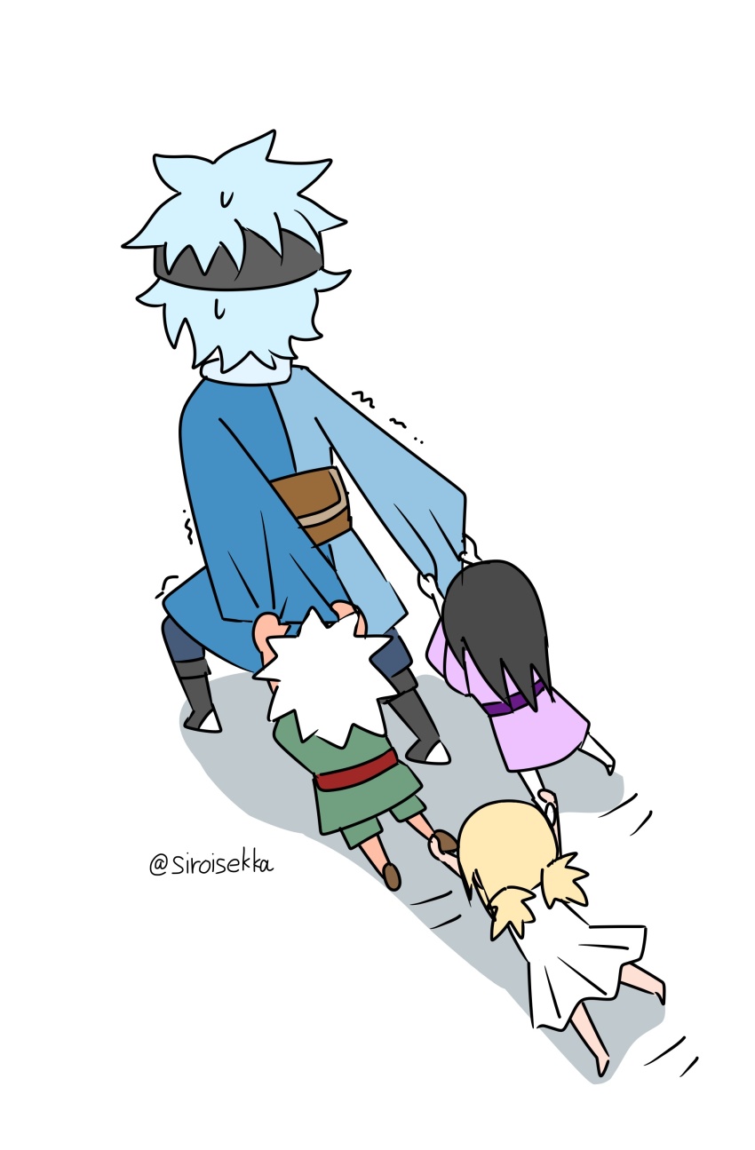 1girl, absurdres, aged_down, barefoot, black_hair, blonde_hair, blue_hair, boruto:_naruto_next_generations, dragging, dress, father_and_child, father_and_son, forehead_protector, grabbing_another's_leg, hair_tied_back, highres, japanese_clothes, jiraiya_(naruto), kimono, long_hair, mitsuki_(naruto), motion_lines, multiple_boys, naruto_(series), orochimaru_(naruto), pale_skin, parent_and_child, pulling_another's_clothes, simple_background, siroisekka, spiked_hair, sweatdrop, time_paradox, tsunade_(naruto), white_background, white_dress, white_hair