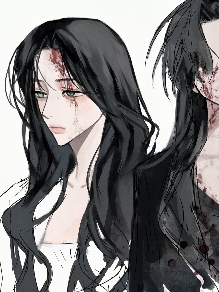 1girl, black_hair, black_jacket, blood, blood_on_face, chinese_commentary, closed_mouth, commentary_request