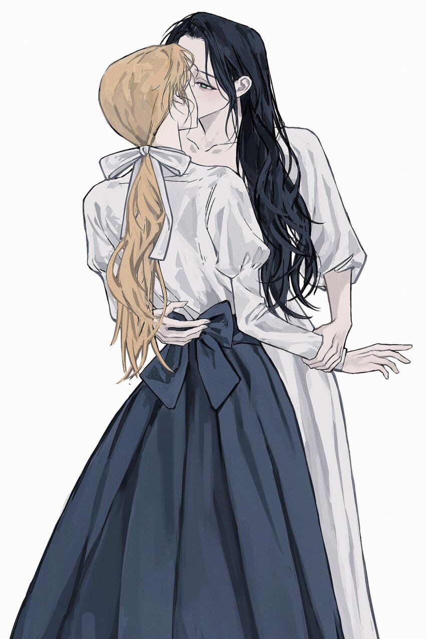 2girls, black_hat, black_skirt, blonde_hair, chinese_commentary, commentary_request, dress, green_eyes, hair_ribbon, hand_on_another's_waist, hat, highres, holding_another's_wrist, juliet_sleeves, kiss, lee_q_p, long_hair, long_sleeves, multiple_girls, original, ponytail, puffy_sleeves, ribbon, simple_background, skirt, white_background, white_dress, white_ribbon, yuri