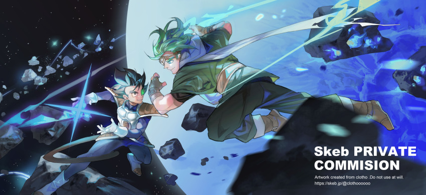 2boys, absurdres, asteroid, black_eyes, black_hair, blue_bodysuit, bodysuit, boots