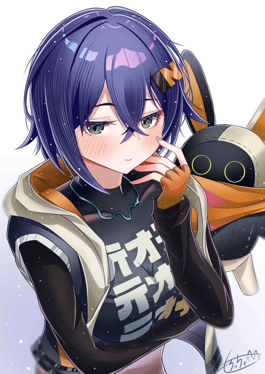 1girl, absurdres, bandana, bangboo_(zenless_zone_zero), belle_(zenless_zone_zero), black_shirt, blue_hair, blush