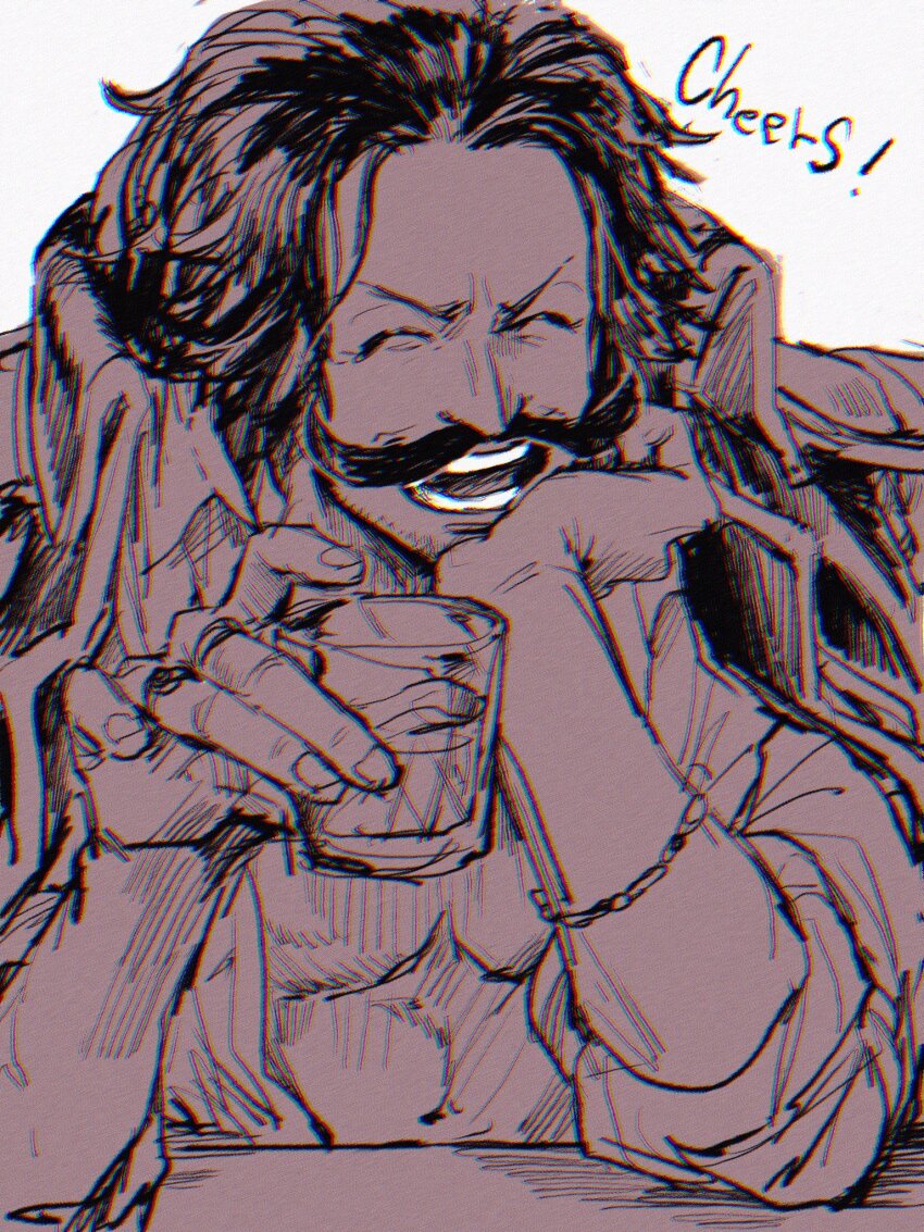 1boy, ^_^, abunaideka, beard_stubble, bracelet, chromatic_aberration, closed_eyes, collared_coat