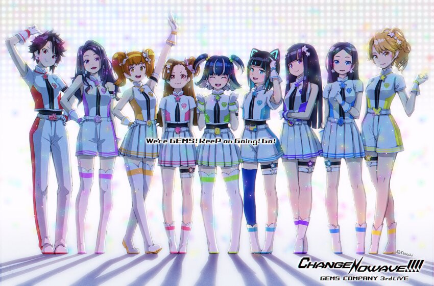 6+girls, :3, :d, akaba_yukino, animal_ears, arisugawa_reika, arm_strap, arm_up