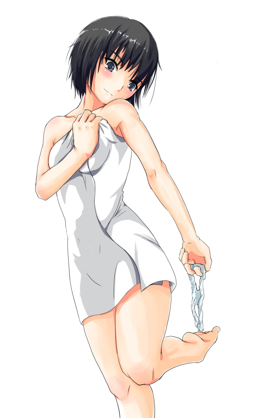 1girl, 2-kai_no_rinjin, amagami, bad_id, bad_pixiv_id, black_eyes, black_hair, blush, collarbone, female_focus, highres, legs, light_smile, naked_towel, nanasaki_ai, panties, panty_pull, short_hair, simple_background, smile, solo, standing, striped_clothes, striped_panties, towel, underwear, unworn_panties