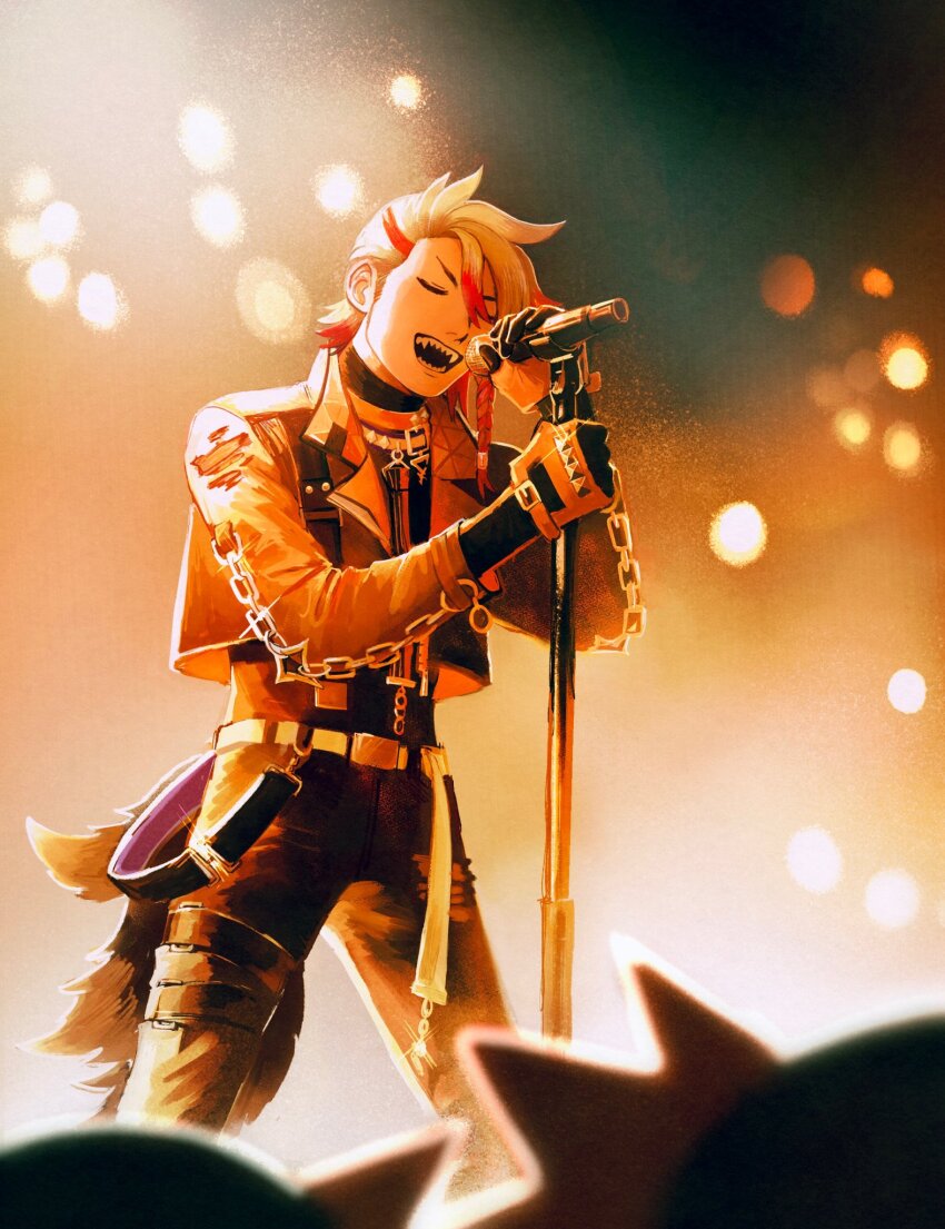 1boy, 2w46713, axel_syrios, axel_syrios_(1st_costume), axelotl_(axel_syrios), black_gloves, blonde_hair, blurry