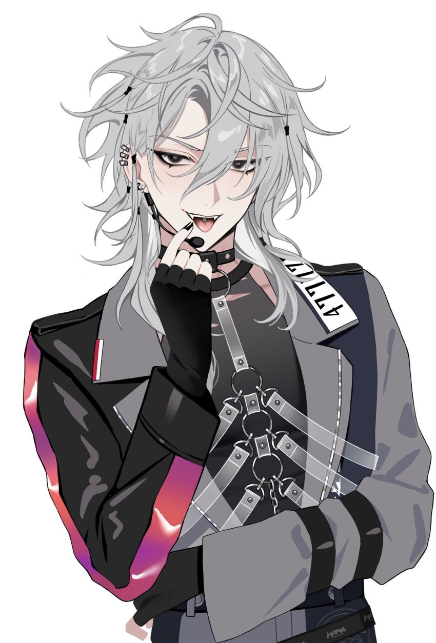 18trip, 1boy, arm_across_waist, belt, black_choker, black_gloves, black_shirt, brown_eyes