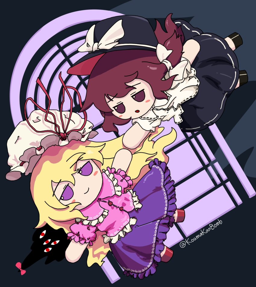 2girls, black_footwear, black_hat, black_skirt, blonde_hair, blouse, blush_stickers, bow