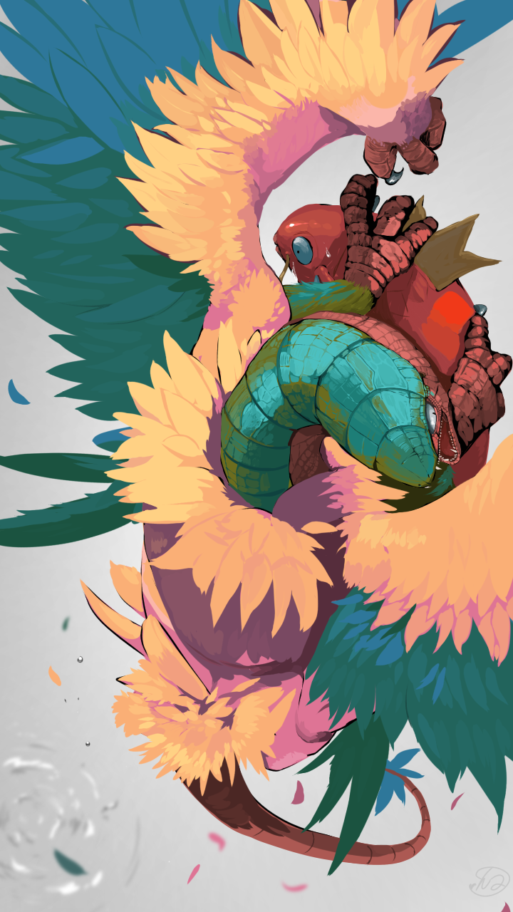 animal_focus, archeops, bad_id, bad_pixiv_id, dinosaur, feathered_dinosaur, fish, flying, from_above, gen_1_pokemon, gen_5_pokemon, grey_background, highres, holding_with_feet, iridescent, magikarp, nintendo, no_humans, open_mouth, pokemon, pokemon_(creature), predation, signature, simple_background, slit_pupils, splashing, yunimaru