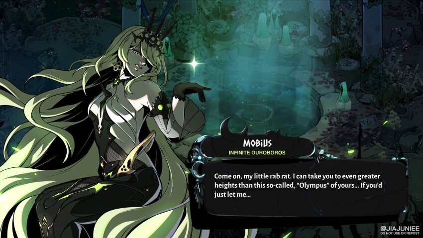 1girl, artist_name, black_gloves, blonde_hair, breasts, crown, dress, english_text, gloves, green_eyes, green_hair, hades_(series), hades_2, highres, honkai_(series), honkai_impact_3rd, jiajuniee, long_hair, looking_at_viewer, mobius_(honkai_impact), solo, tongue, tongue_out, very_long_hair