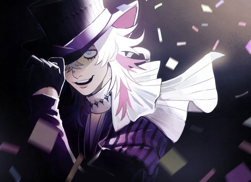 1boy, 2w46713, black_gloves, blue_eyes, blue_hair, coat, commentary, confetti