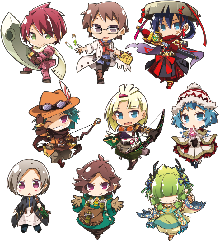 2girls, 6+boys, aqua_eyes, blue_hair, brown_eyes, brown_hair, chibi, drawing_sword