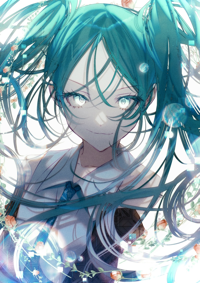 1girl, alternate_costume, aqua_eyes, aqua_hair, blue_eyes, blue_hair, flower, green_hair