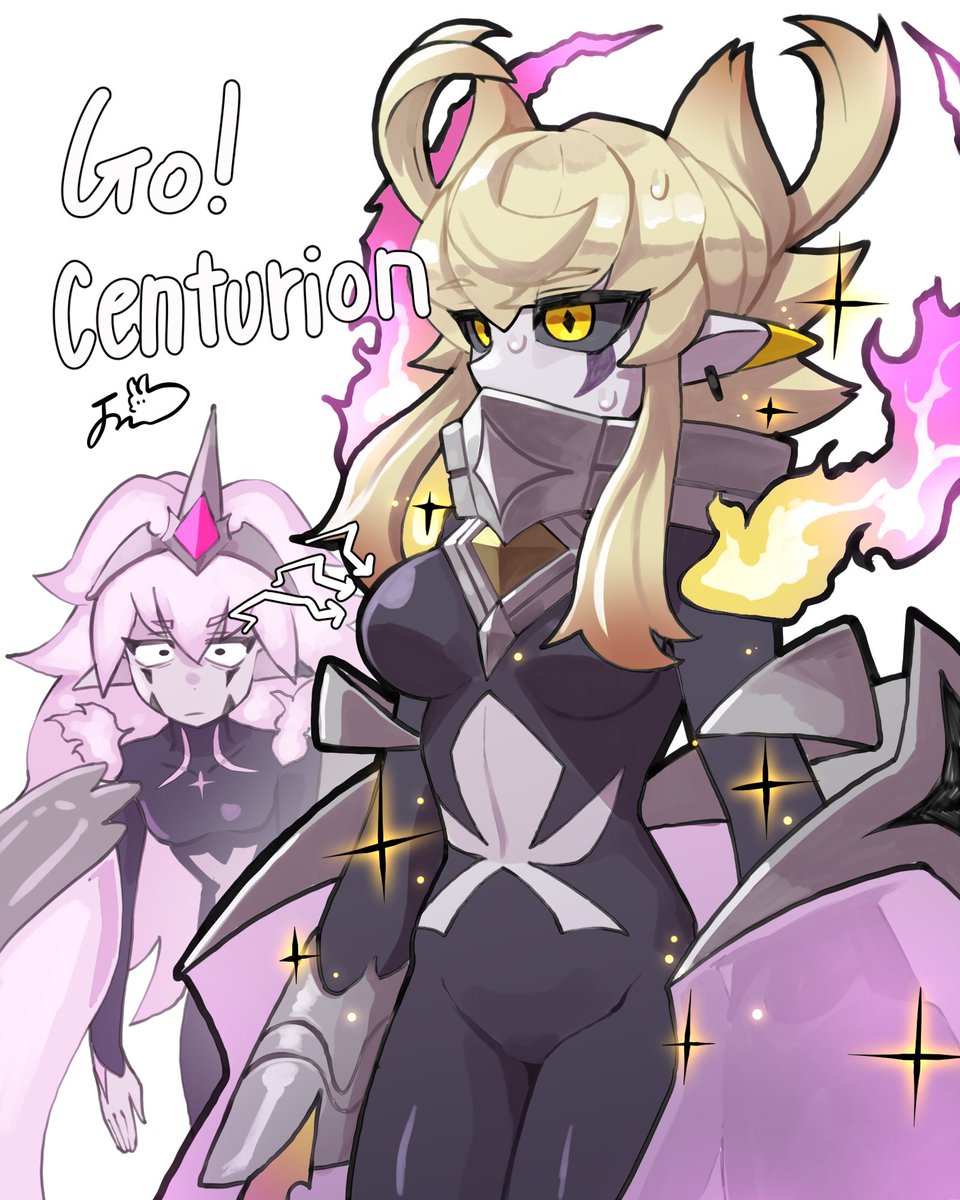 2girls, black_sclera, bodysuit, breasts, cape, centur-ion_cimelia, centur-ion_trudea, colored_sclera, dillo_(smootharmadillo), duel_monster, fire, high_collar, highres, looking_at_another, medium_breasts, multiple_girls, pale_skin, pink_hair, pointy_ears, simple_background, solo_focus, sweat, white_background, yellow_eyes, yu-gi-oh!