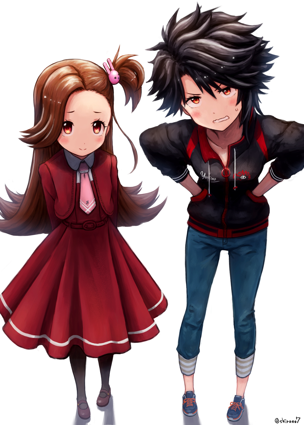 2girls, akaba_yukino, arms_behind_back, asymmetrical_bangs, asymmetrical_hair, belt, black_hair, black_jacket