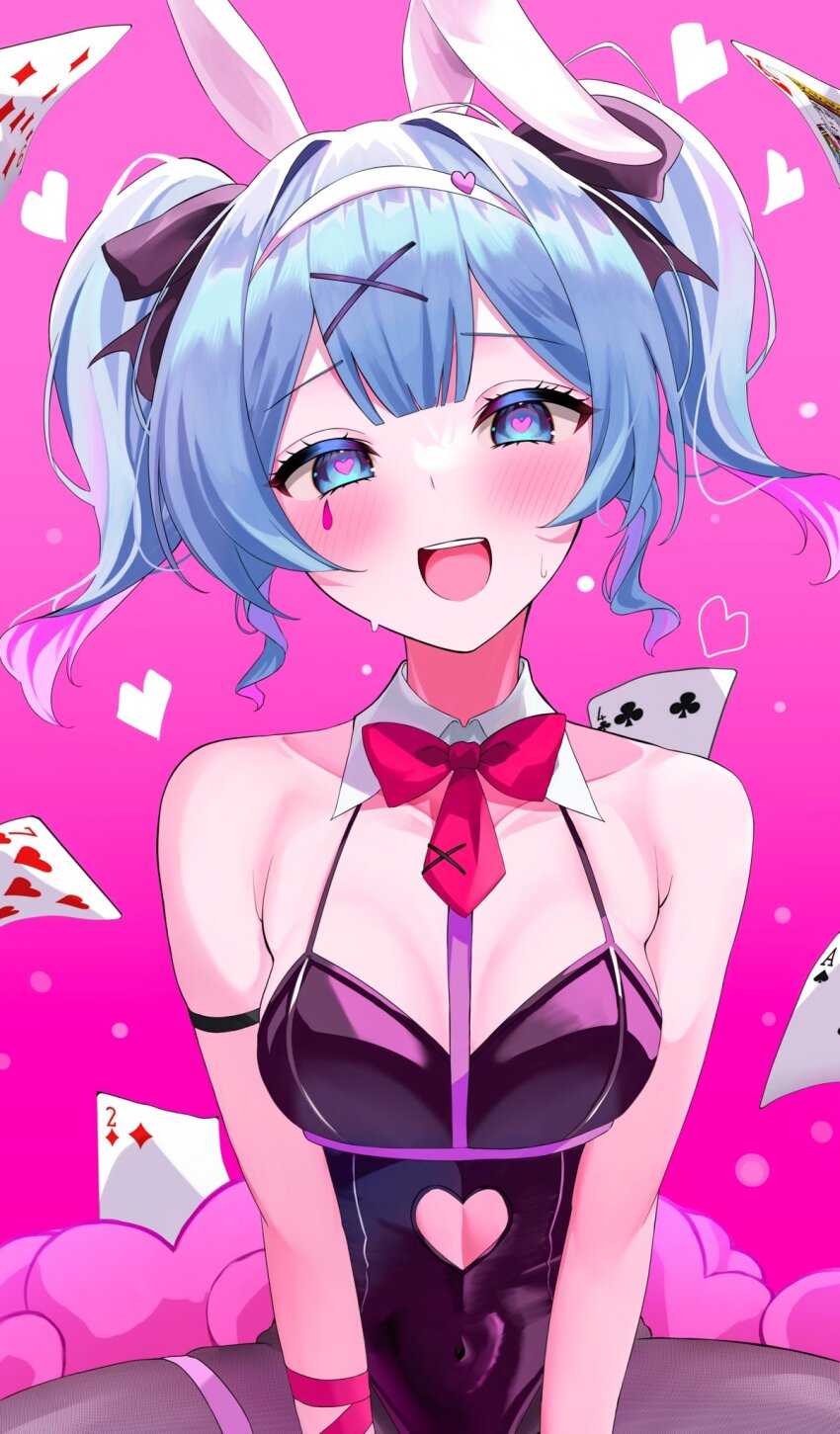1girl, ace_(playing_card), ace_of_spades, animal_ears, bare_shoulders, blue_eyes, blue_hair, blush