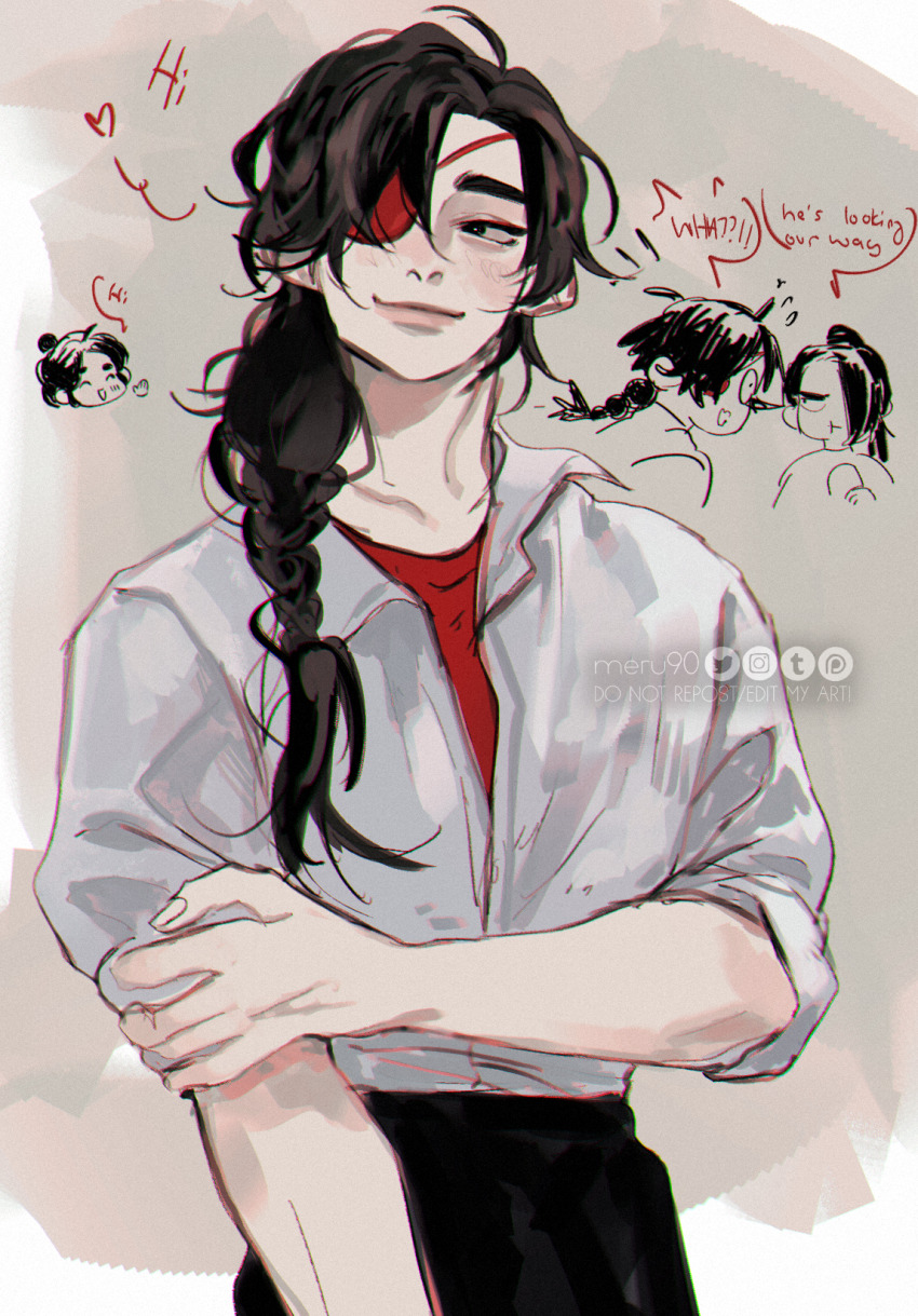 1boy, abstract_background, artist_name, black_eyes, black_hair, black_pants, braid, braided_ponytail