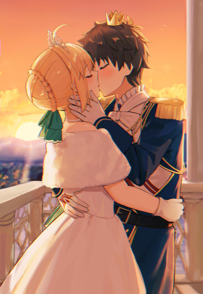 1boy, 1girl, absurdres, ahoge, artist_request, artoria_pendragon_(fate), black_hair, blonde_hair