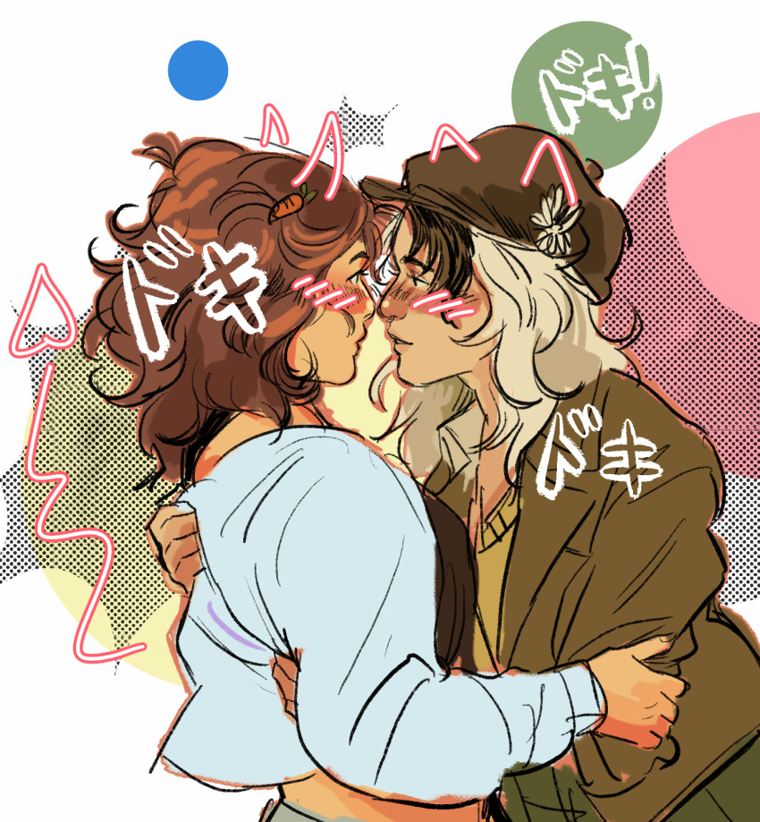 2girls, abstract_background, black_shirt, blonde_hair, blue_jacket, blush, brown_hair, brown_hat, brown_jacket, carrot_hair_ornament, collared_shirt, couple, crop_top, drawn_ears, drawn_horns, drawn_tail, eye_contact, flower, food-themed_hair_ornament, green_pants, hair_flower, hair_ornament, halftone, hand_on_another's_back, hat, highres, holding_another's_arm, hug, imminent_kiss, jacket, looking_at_another, minecraft_youtube, multicolored_background, multicolored_hair, multiple_girls, oibagi, pants, parted_lips, quackity_smp, routeriver, shirt, sketch, sound_effects, streaked_hair, sweater, tinakitten, upper_body, white_shirt, yellow_sweater, yuri