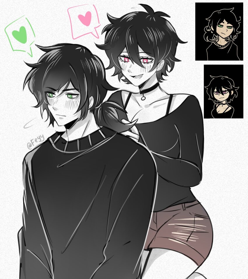 1boy, 1girl, alternate_hairstyle, andrew_graves, artist_name, ashley_graves, black_choker, black_shirt