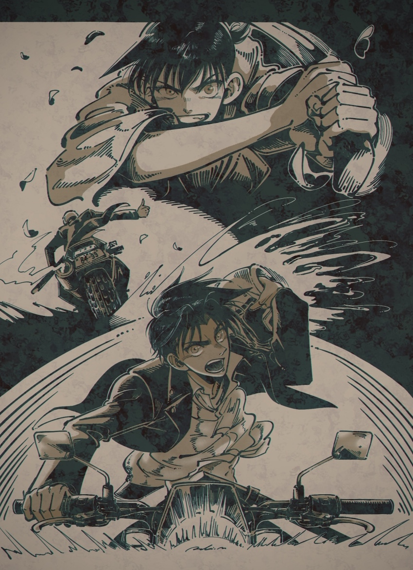 2boys, clenched_teeth, floating_clothes, floating_hair, greyscale, grin, hattori_heiji, helmet