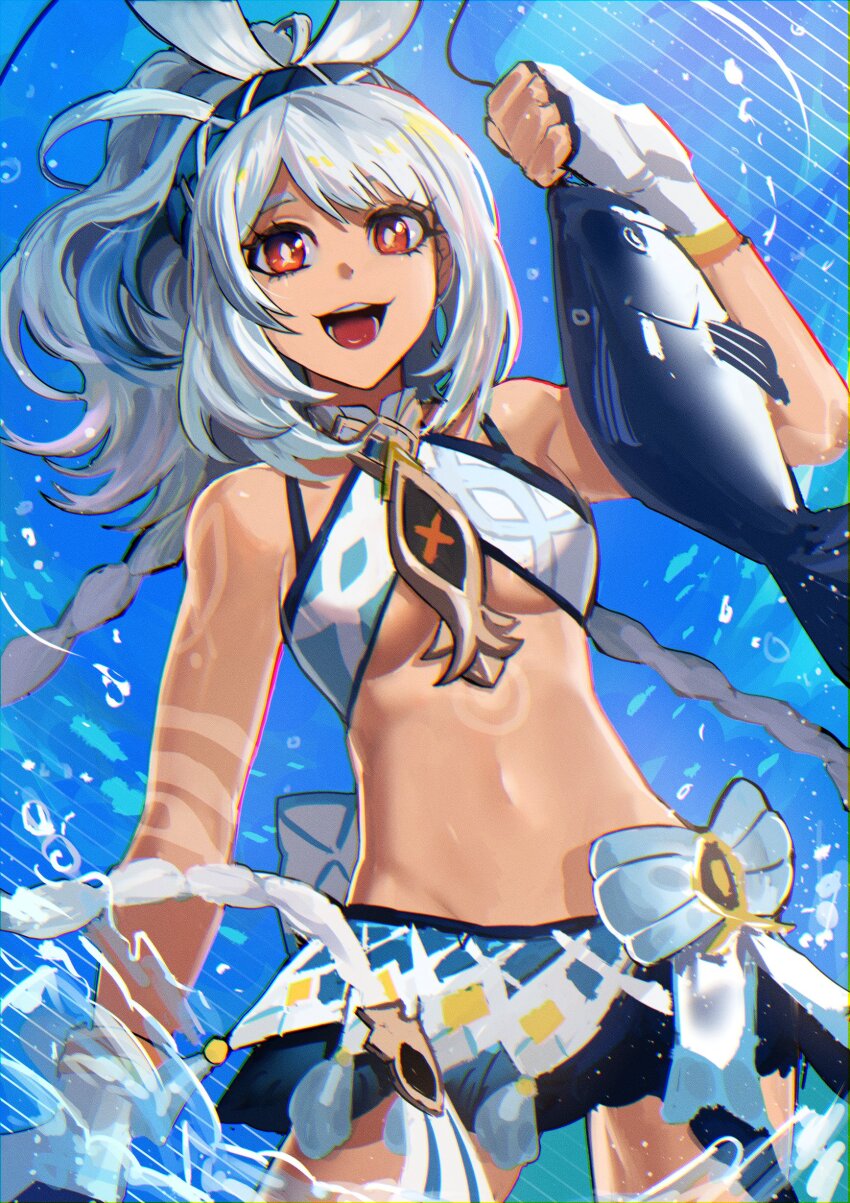 1girl, :3, :d, absurdres, bare_shoulders, blue_hairband, breasts, cowboy_shot