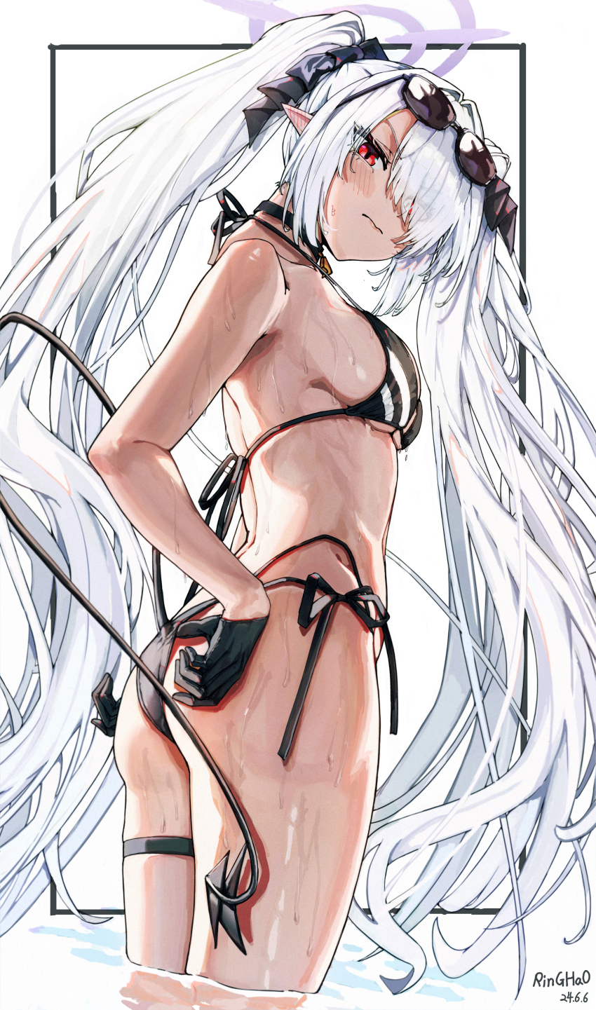 1girl, absurdres, adjusting_clothes, adjusting_swimsuit, artist_name, bikini, black_bikini, black_bow