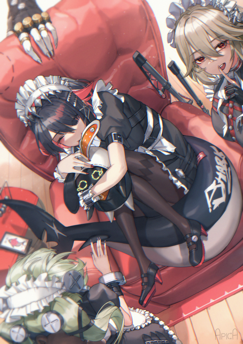 1boy, 3girls, absurdres, alexandrina_sebastiane, armchair, arupaoka, biting, black_dress