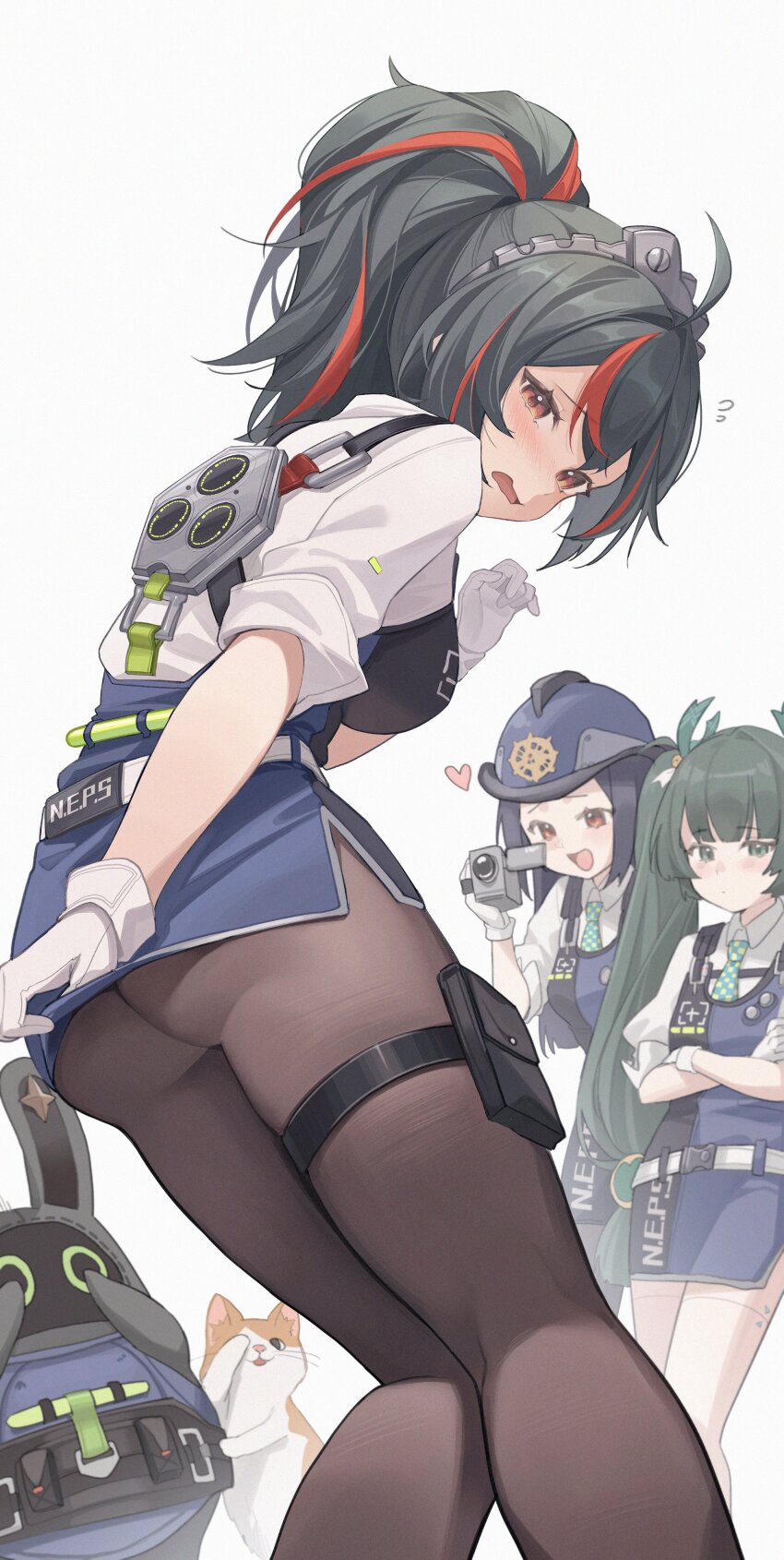 3girls, absurdres, ass, black_hair, black_pantyhose, blush, camera, cat, character_request, cowboy_shot, crossed_arms, from_behind, furrowed_brow, green_eyes, green_hair, hair_between_eyes, heart, highres, holding, holding_camera, long_hair, looking_at_viewer, looking_back, midori_fufu, multicolored_hair, multiple_girls, open_mouth, pantyhose, ponytail, qingyi_(zenless_zone_zero), red_eyes, red_hair, sidelocks, simple_background, smile, standing, streaked_hair, two_side_up, white_background, zenless_zone_zero, zhu_yuan