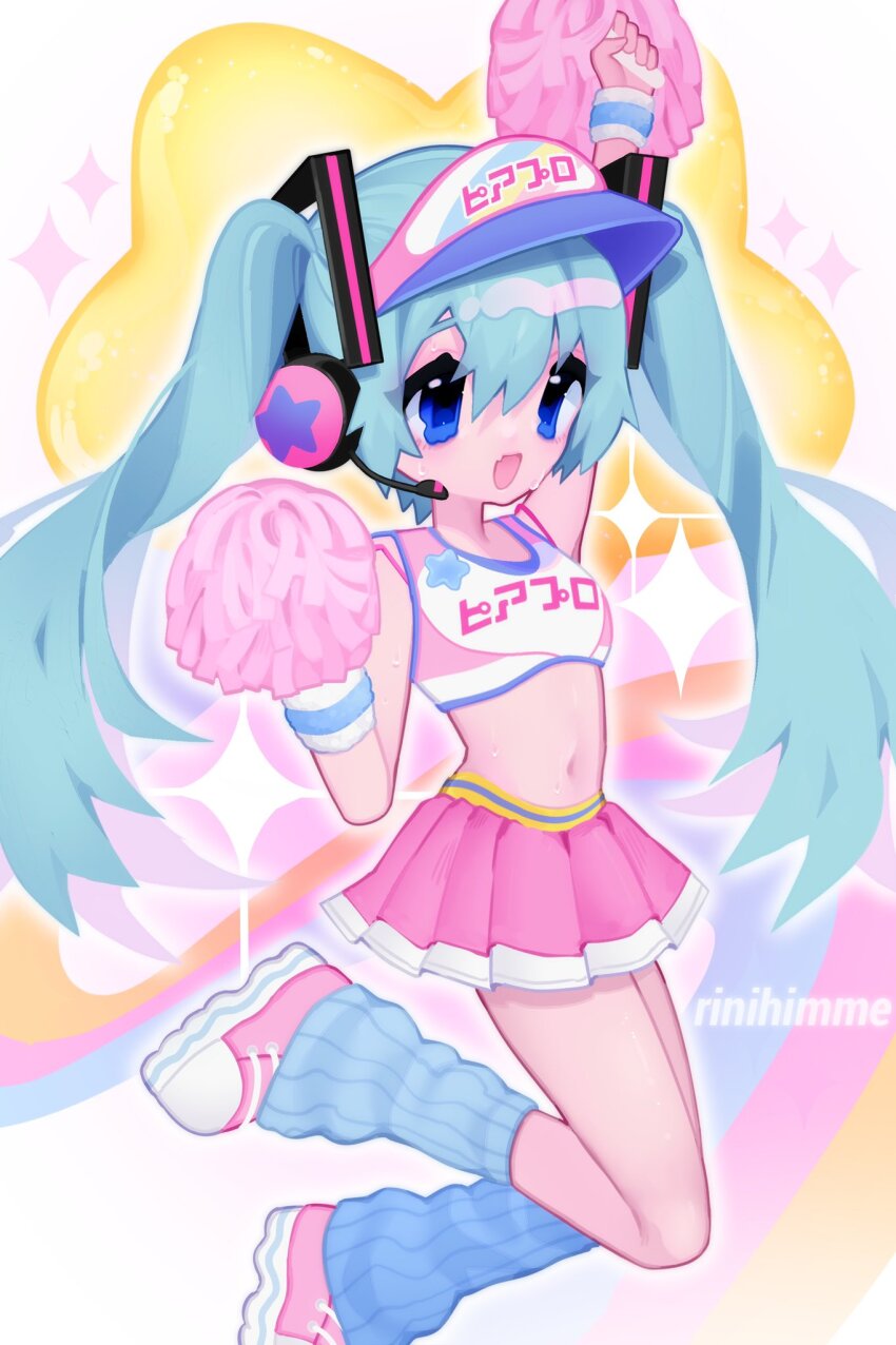 1girl, aqua_hair, arm_up, artist_name, blue_eyes, blue_socks, clothes_writing, commentary