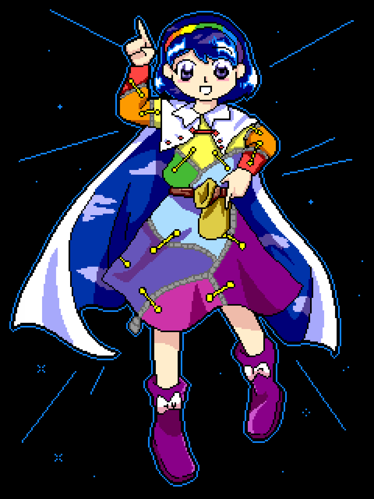 1girl, bad_id, bad_twitter_id, belt, black_background, blue_cape, blue_hair, blue_outline