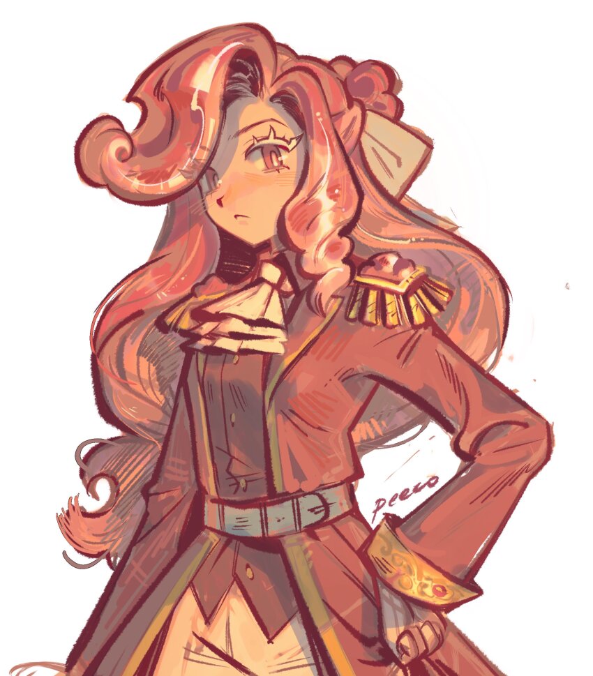 1girl, absurdres, aegyo_sal, ascot, belt, bow, collared_shirt, colored_eyelashes, cookie_run, cookie_run:_kingdom, cowboy_shot, curly_hair, curly_sidelocks, dress_shirt, epaulettes, frown, hair_bow, hair_ornament, half_updo, hand_on_own_hip, hatching_(texture), highres, humanization, jacket, long_hair, long_sleeves, looking_at_viewer, military_uniform, pants, peeco_0, raspberry_cookie, red_eyes, red_hair, red_jacket, red_shirt, red_theme, shirt, signature, simple_background, solo, standing, very_long_hair, white_background, white_eyelashes, wrist_cuffs