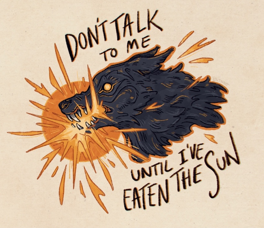 animal, animal_focus, biting, brown_background, commentary, cropped_head, diamond-shaped_pupils, diamond_(shape), ears_back, english_commentary, english_text, entnoot, fenrir_(mythology), fire, grey_fur, highres, limited_palette, no_humans, norse_mythology, open_mouth, orange_outline, outline, sharp_teeth, simple_background, sparks, sun, symbol-shaped_pupils, teeth, text_focus, wolf, yellow_eyes, yellow_pupils