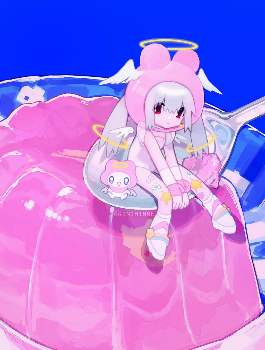 1girl, angel, animal_ears, animal_hat, apollo_(rinihimme), artist_name, bandaid, blue_background